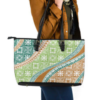 Hawaiian Quilt Pattern Leather Tote Bag Green Chestnut Color Mixed - Polynesian Pride
