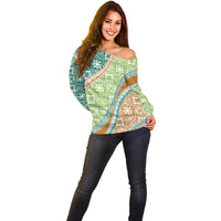 Hawaiian Quilt Pattern Off Shoulder Sweater Green Chestnut Color Mixed - Polynesian Pride