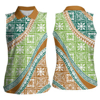Hawaiian Quilt Pattern Women Sleeveless Polo Shirt Green Chestnut Color Mixed - Polynesian Pride