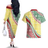 Hawaiian Quilt Pattern Couples Matching Off The Shoulder Long Sleeve Dress and Hawaiian Shirt Special Color Mixed - Polynesian Pride