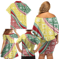 Hawaiian Quilt Pattern Family Matching Off Shoulder Short Dress and Hawaiian Shirt Special Color Mixed - Polynesian Pride
