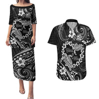 Polynesian Turtle Valentine Couples Matching Puletasi and Hawaiian Shirt You And Me Hibiscus Heart LT01 Black - Polynesian Pride