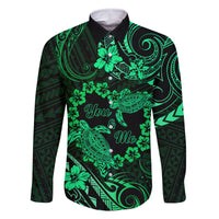 Polynesian Turtle Valentine Family Matching Off Shoulder Long Sleeve Dress and Hawaiian Shirt You And Me Green Hibiscus Heart LT01 Dad's Shirt - Long Sleeve Green - Polynesian Pride
