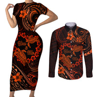 Polynesian Turtle Valentine Couples Matching Short Sleeve Bodycon Dress and Long Sleeve Button Shirt You And Me Orange Hibiscus Heart LT01 Orange - Polynesian Pride