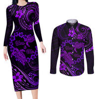 Polynesian Turtle Valentine Couples Matching Long Sleeve Bodycon Dress and Long Sleeve Button Shirt You And Me Purple Hibiscus Heart LT01 Purple - Polynesian Pride