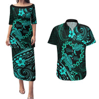 Polynesian Turtle Valentine Couples Matching Puletasi and Hawaiian Shirt You And Me Turquoise Hibiscus Heart LT01 Turquoise - Polynesian Pride