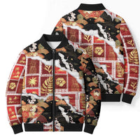 Hawaii Japanese Culture Black Bomber Puffer Jacket Spring Cranes Aloha Pattern