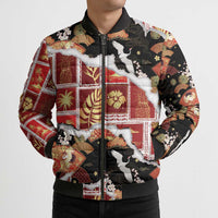 Hawaii Japanese Culture Black Bomber Puffer Jacket Spring Cranes Aloha Pattern