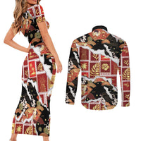 Hawaii Japanese Culture Black Couples Matching Short Sleeve Bodycon Dress and Long Sleeve Button Shirt Spring Cranes Aloha Pattern LT01 - Polynesian Pride