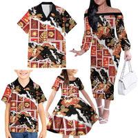 Hawaii Japanese Culture Black Family Matching Off The Shoulder Long Sleeve Dress and Hawaiian Shirt Spring Cranes Aloha Pattern