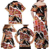 Hawaii Japanese Culture Black Family Matching Off Shoulder Maxi Dress and Hawaiian Shirt Spring Cranes Aloha Pattern