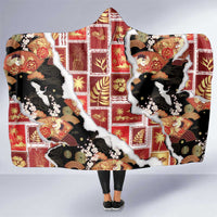 Hawaii Japanese Culture Black Hooded Blanket Spring Cranes Aloha Pattern