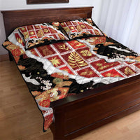 Hawaii Japanese Culture Black Quilt Bed Set Spring Cranes Aloha Pattern