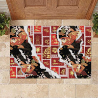 Hawaii Japanese Culture Black Rubber Doormat Spring Cranes Aloha Pattern