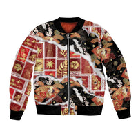 Hawaii Japanese Culture Black Sleeve Zip Bomber Jacket Spring Cranes Aloha Pattern