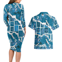 Hawaii Japanese Culture Blue Couples Matching Long Sleeve Bodycon Dress and Hawaiian Shirt Spring Cranes Aloha Pattern
