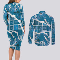 Hawaii Japanese Culture Blue Couples Matching Long Sleeve Bodycon Dress and Long Sleeve Button Shirt Spring Cranes Aloha Pattern