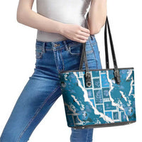 Hawaii Japanese Culture Blue Leather Tote Bag Spring Cranes Aloha Pattern