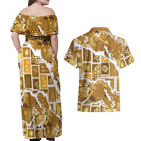 Hawaii Japanese Culture Gold Couples Matching Off Shoulder Maxi Dress and Hawaiian Shirt Spring Cranes Aloha Pattern