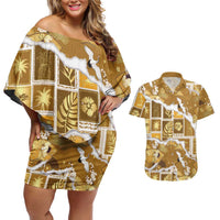 Hawaii Japanese Culture Gold Couples Matching Off Shoulder Short Dress and Hawaiian Shirt Spring Cranes Aloha Pattern