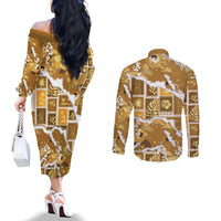 Hawaii Japanese Culture Gold Couples Matching Off The Shoulder Long Sleeve Dress and Long Sleeve Button Shirt Spring Cranes Aloha Pattern