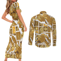 Hawaii Japanese Culture Gold Couples Matching Short Sleeve Bodycon Dress and Long Sleeve Button Shirt Spring Cranes Aloha Pattern