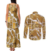 Hawaii Japanese Culture Gold Couples Matching Tank Maxi Dress and Long Sleeve Button Shirt Spring Cranes Aloha Pattern