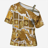 Hawaii Japanese Culture Gold Cross Shoulder Shirt Spring Cranes Aloha Pattern