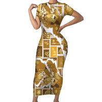 Hawaii Japanese Culture Gold Short Sleeve Bodycon Dress Spring Cranes Aloha Pattern