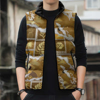Hawaii Japanese Culture Gold Sleeveless Puffer Jacket Spring Cranes Aloha Pattern