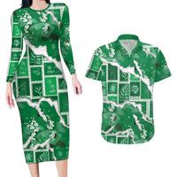 Hawaii Japanese Culture Green Couples Matching Long Sleeve Bodycon Dress and Hawaiian Shirt Spring Cranes Aloha Pattern