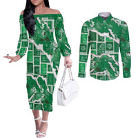 Hawaii Japanese Culture Green Couples Matching Off The Shoulder Long Sleeve Dress and Long Sleeve Button Shirt Spring Cranes Aloha Pattern