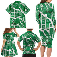 Hawaii Japanese Culture Green Family Matching Long Sleeve Bodycon Dress and Hawaiian Shirt Spring Cranes Aloha Pattern