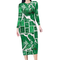Hawaii Japanese Culture Green Family Matching Long Sleeve Bodycon Dress and Hawaiian Shirt Spring Cranes Aloha Pattern