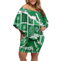 Hawaii Japanese Culture Green Family Matching Off Shoulder Short Dress and Hawaiian Shirt Spring Cranes Aloha Pattern