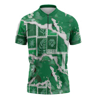 Hawaii Japanese Culture Green Zipper Polo Shirt Spring Cranes Aloha Pattern