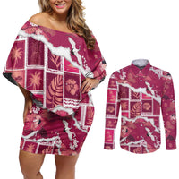 Hawaii Japanese Culture Pink Couples Matching Off Shoulder Short Dress and Long Sleeve Button Shirt Spring Cranes Aloha Pattern LT01 Pink - Polynesian Pride