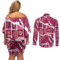Hawaii Japanese Culture Pink Couples Matching Off Shoulder Short Dress and Long Sleeve Button Shirt Spring Cranes Aloha Pattern LT01 - Polynesian Pride
