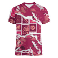 Hawaii Japanese Culture Pink Women V-Neck T-Shirt Spring Cranes Aloha Pattern
