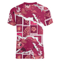 Hawaii Japanese Culture Pink Women V-Neck T-Shirt Spring Cranes Aloha Pattern