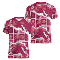 Hawaii Japanese Culture Pink Women V-Neck T-Shirt Spring Cranes Aloha Pattern