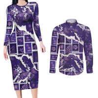 Hawaii Japanese Culture Purple Couples Matching Long Sleeve Bodycon Dress and Long Sleeve Button Shirt Spring Cranes Aloha Pattern