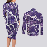 Hawaii Japanese Culture Purple Couples Matching Long Sleeve Bodycon Dress and Long Sleeve Button Shirt Spring Cranes Aloha Pattern