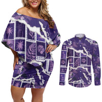 Hawaii Japanese Culture Purple Couples Matching Off Shoulder Short Dress and Long Sleeve Button Shirt Spring Cranes Aloha Pattern LT01 Purple - Polynesian Pride