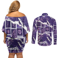 Hawaii Japanese Culture Purple Couples Matching Off Shoulder Short Dress and Long Sleeve Button Shirt Spring Cranes Aloha Pattern LT01 - Polynesian Pride