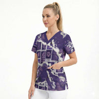Hawaii Japanese Culture Purple Scrub Top Spring Cranes Aloha Pattern
