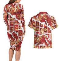 Hawaii Japanese Culture Red Couples Matching Long Sleeve Bodycon Dress and Hawaiian Shirt Spring Cranes Aloha Pattern