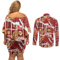 Hawaii Japanese Culture Red Couples Matching Off Shoulder Short Dress and Long Sleeve Button Shirt Spring Cranes Aloha Pattern