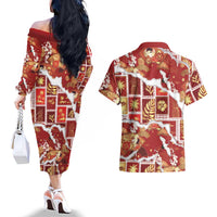 Hawaii Japanese Culture Red Couples Matching Off The Shoulder Long Sleeve Dress and Hawaiian Shirt Spring Cranes Aloha Pattern
