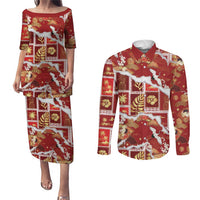 Hawaii Japanese Culture Red Couples Matching Puletasi and Long Sleeve Button Shirt Spring Cranes Aloha Pattern